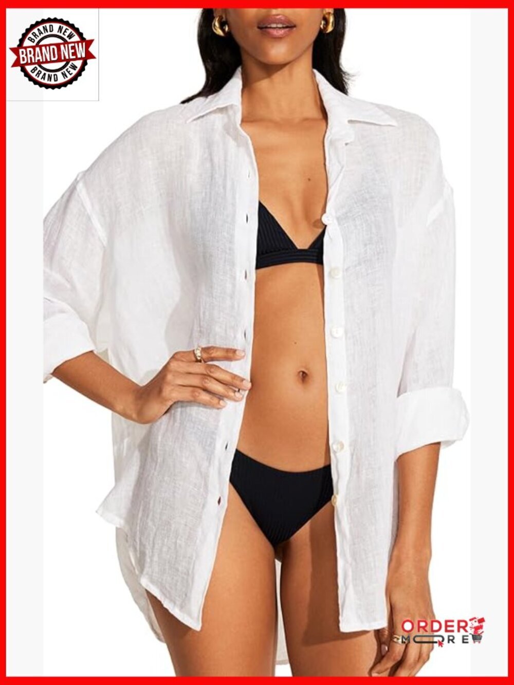 Linen Boyfriend Shirt Swimsuit Cover Up Oversized Long Sleeve Button Down